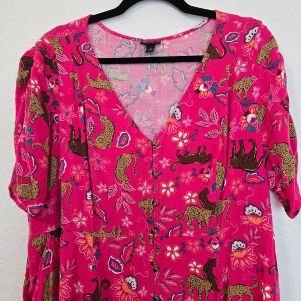 Torrid 2 Pink Leopard Floral Print Midi Dress Button Front V Neck Short Sleeve - Picture 2 of 6